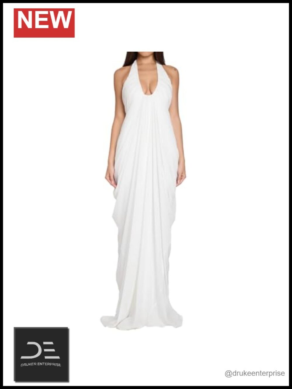 Women Halter Deep V Cascade Drape Floor Length Maxi Wedding Gown Dress